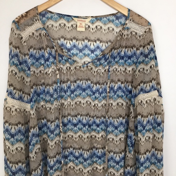 Sundance Women’s Silk Semi Sheer Boho Tunic Top Balloon Sleeve Blue Gray Blouse - Picture 3 of 13